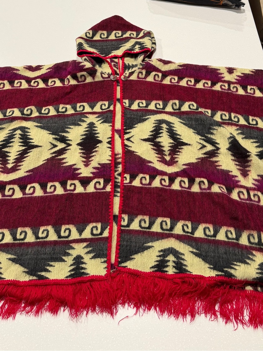Aztec Hooded Poncho Jacket in Burgundy, Cream & Charcoal